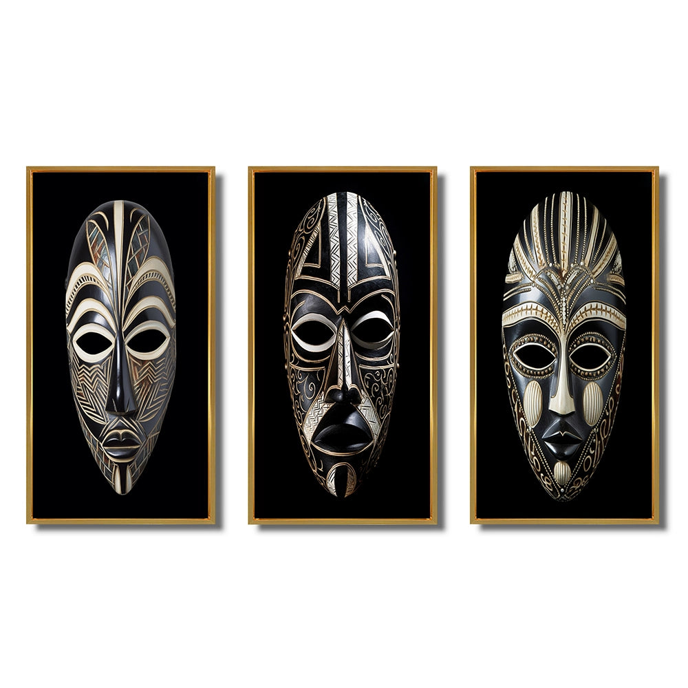African Tribal Canvas Wall Art Set of 3- Ethnical Traditional African Mask XI