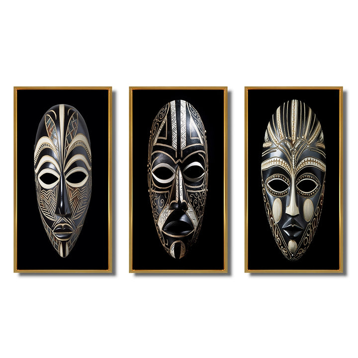 African Tribal Canvas Wall Art Set of 3- Ethnical Traditional African Mask XI