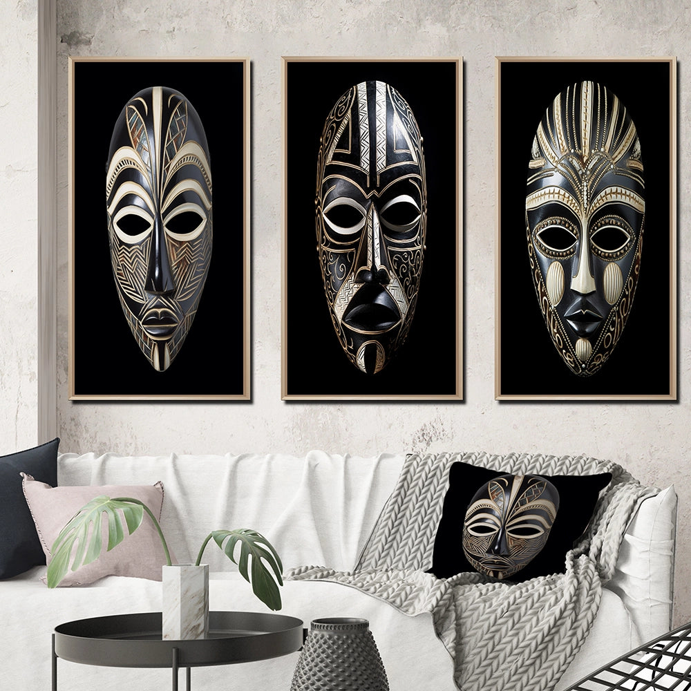 African Tribal Canvas Wall Art Set of 3- Ethnical Traditional African Mask XI