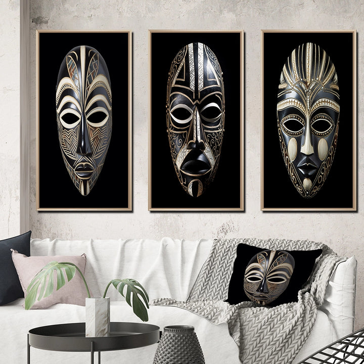 African Tribal Canvas Wall Art Set of 3- Ethnical Traditional African Mask XI