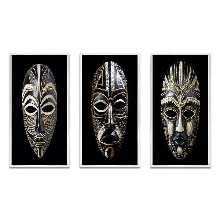 African Tribal Canvas Wall Art Set of 3- Ethnical Traditional African Mask XI