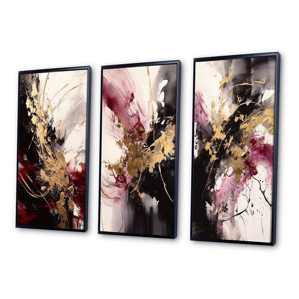 Abstract Multi Panel Canvas Wall Art - Gold And Red Fluid Fusion I