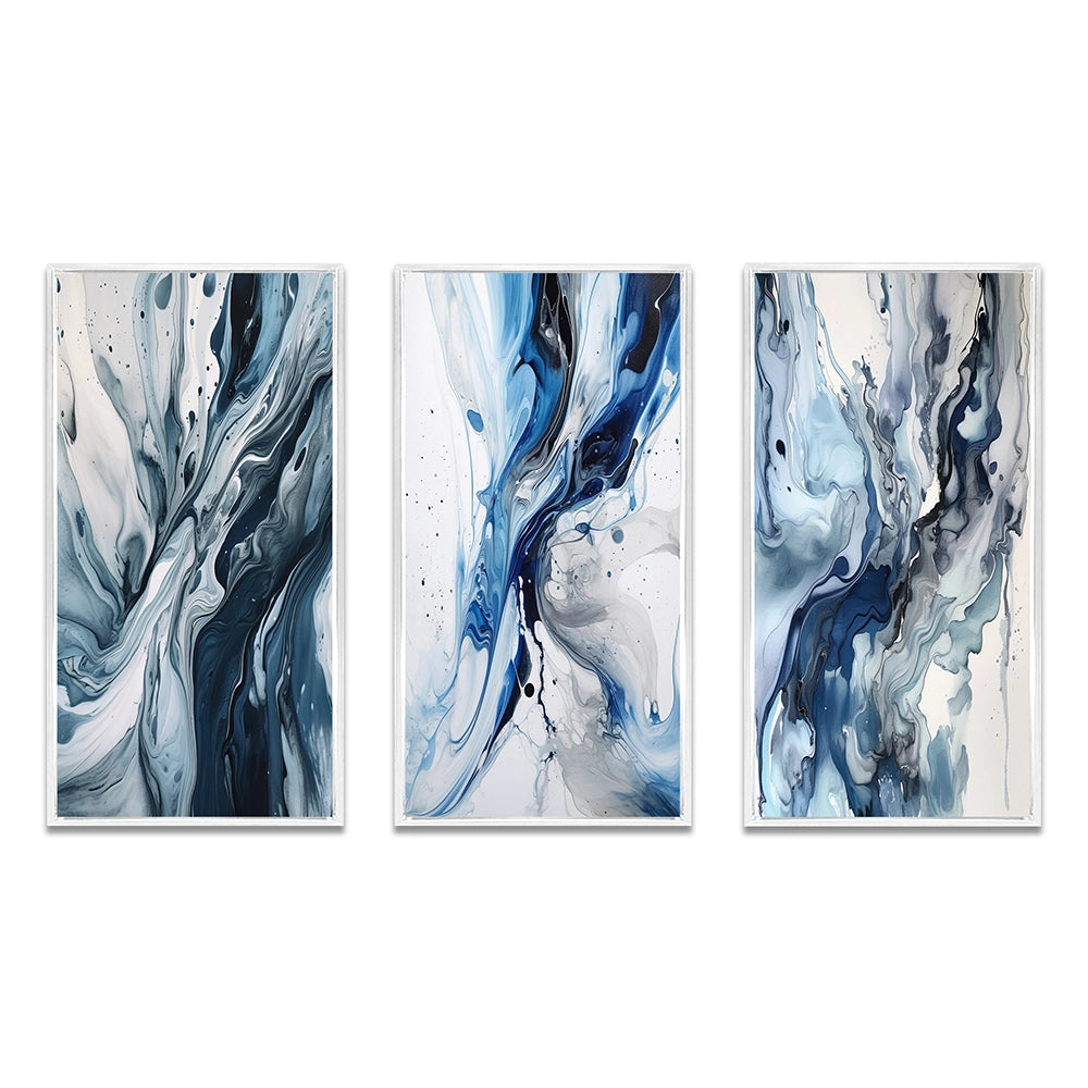 Abstract Wall Art Set - Blue and Grey Ethereal Elixir II - 3 Pieces