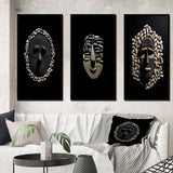 Traditional Canvas Wall Art Set - Black and White African Tribal Mask - 3 Pieces