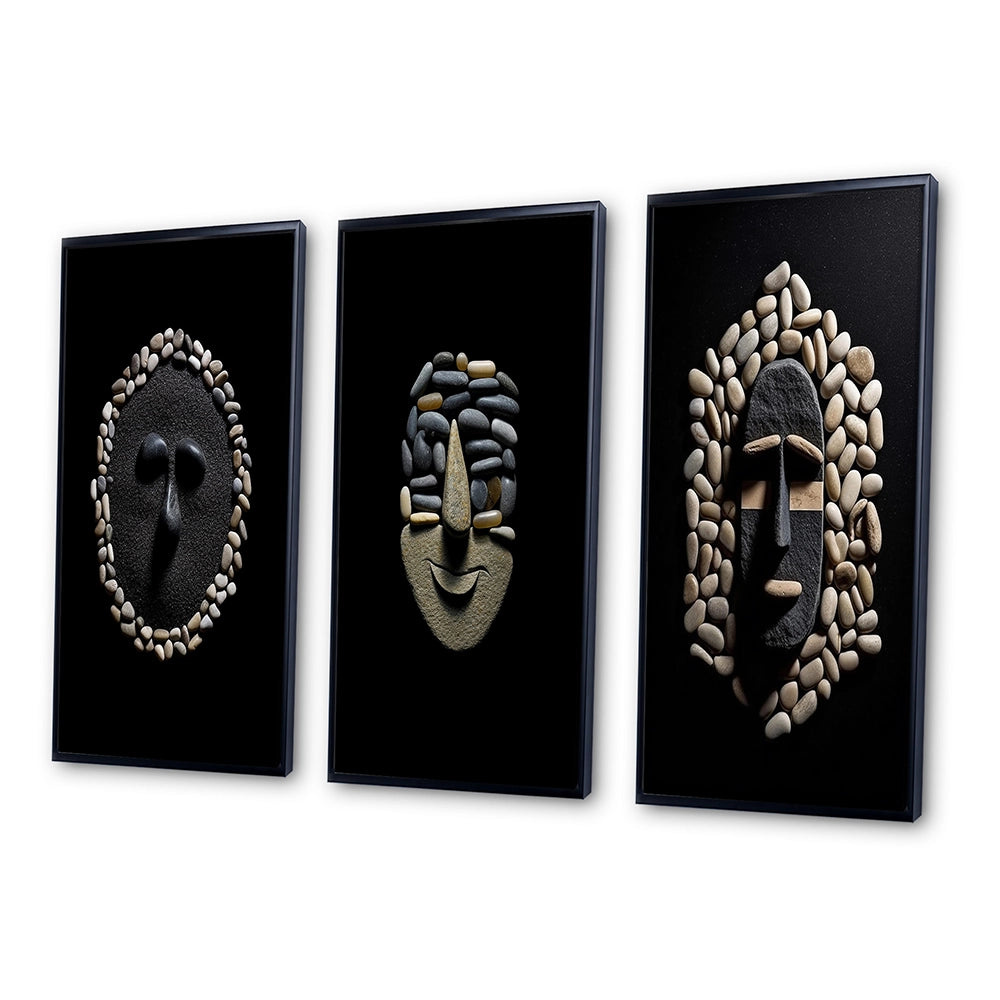 Traditional Canvas Wall Art Set - Black and White African Tribal Mask - 3 Pieces