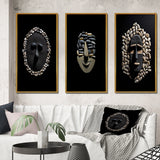 Traditional Canvas Wall Art Set - Black and White African Tribal Mask - 3 Pieces