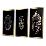 Traditional Canvas Wall Art Set - Black and White African Tribal Mask - 3 Pieces