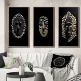 Traditional Canvas Wall Art Set - Black and White African Tribal Mask - 3 Pieces