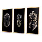 Traditional Canvas Wall Art Set - Black and White African Tribal Mask - 3 Pieces