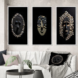 Traditional Canvas Wall Art Set - Black and White African Tribal Mask - 3 Pieces