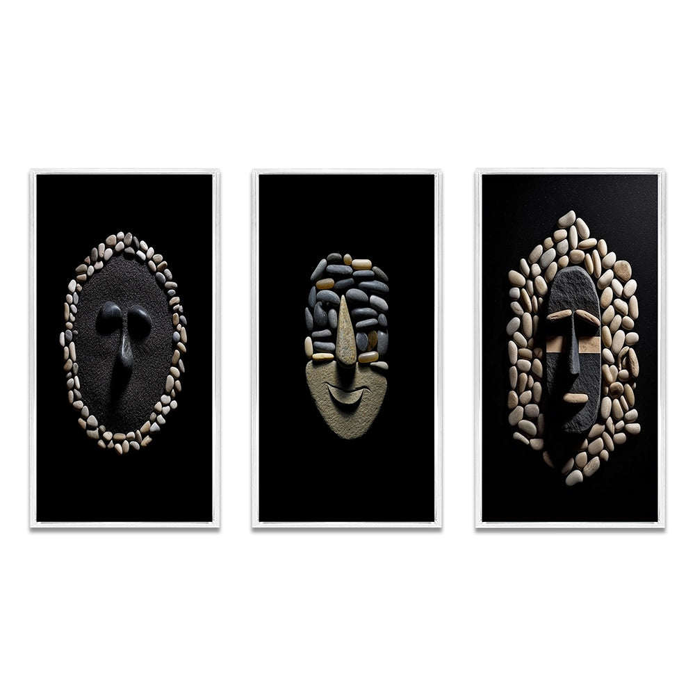 Traditional Canvas Wall Art Set - Black and White African Tribal Mask - 3 Pieces