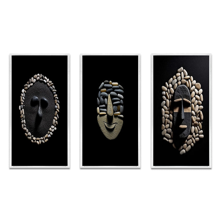 Traditional Canvas Wall Art Set - Black and White African Tribal Mask - 3 Pieces