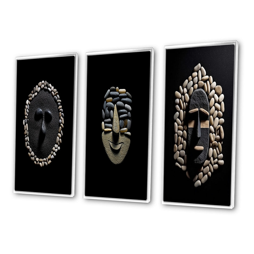Traditional Canvas Wall Art Set - Black and White African Tribal Mask - 3 Pieces