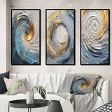 Abstract Spirals Canvas Wall Art - Gold Blue Vibrant Spirals - 3 Pieces