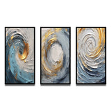 Abstract Spirals Canvas Wall Art - Gold Blue Vibrant Spirals - 3 Pieces