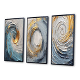Abstract Spirals Canvas Wall Art - Gold Blue Vibrant Spirals - 3 Pieces