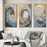Abstract Spirals Canvas Wall Art - Gold Blue Vibrant Spirals - 3 Pieces