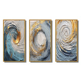 Abstract Spirals Canvas Wall Art - Gold Blue Vibrant Spirals - 3 Pieces