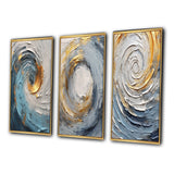 Abstract Spirals Canvas Wall Art - Gold Blue Vibrant Spirals - 3 Pieces