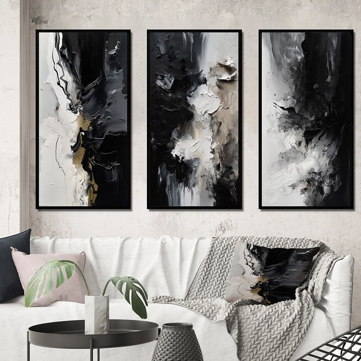 Modern Canvas Wall Art Set of 3 - Black Textured Splash Paint Art