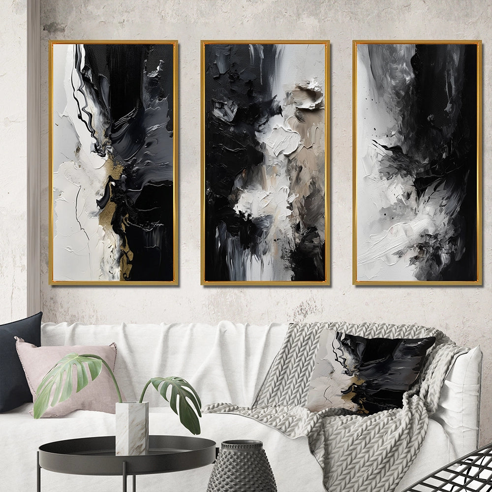 Modern Canvas Wall Art Set of 3 - Black Textured Splash Paint Art