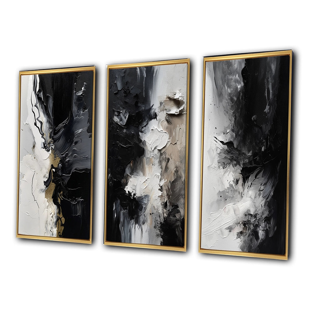 Modern Canvas Wall Art Set of 3 - Black Textured Splash Paint Art