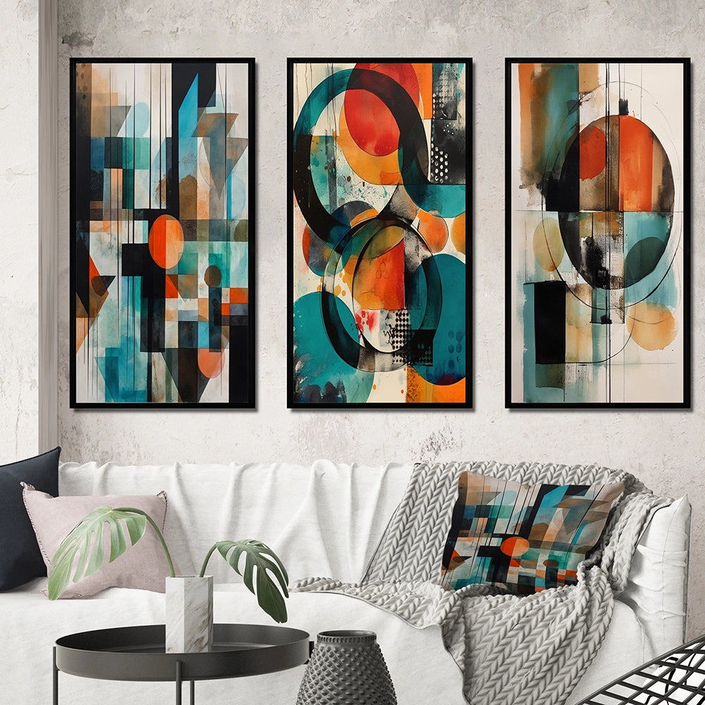 Modern Geometric Multi Panel Canvas Wall Art - Orange Abstracted Geometric Explorations