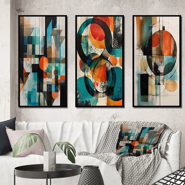 Modern Geometric Multi Panel Canvas Wall Art - Orange Abstracted Geometric Explorations