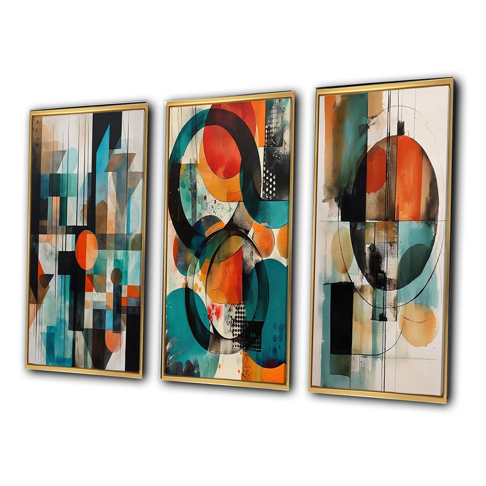 Modern Geometric Multi Panel Canvas Wall Art - Orange Abstracted Geometric Explorations