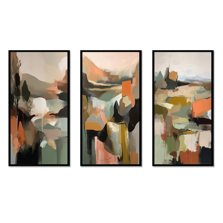 Abstract Painting Wall Art Set - Green And Beige Transcending Reality III - 3 Pieces