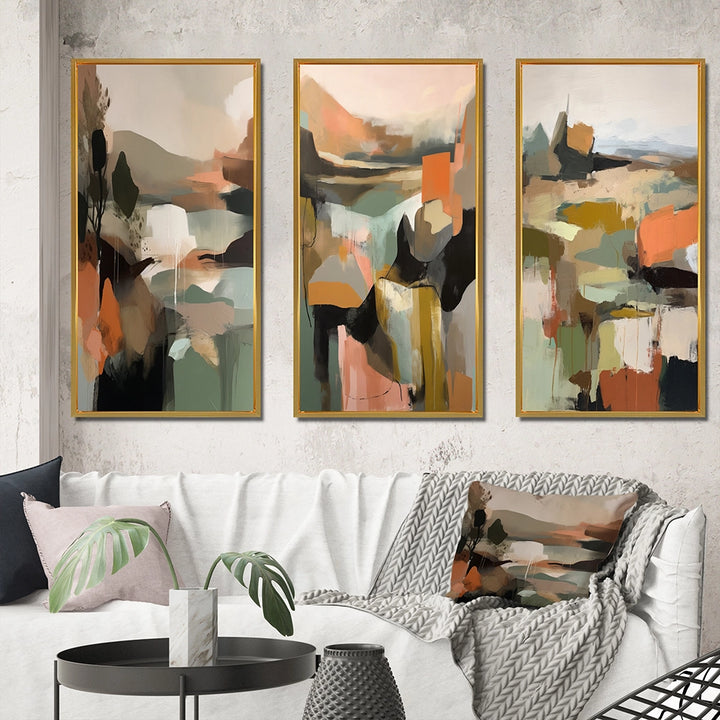 Abstract Painting Wall Art Set - Green And Beige Transcending Reality III - 3 Pieces