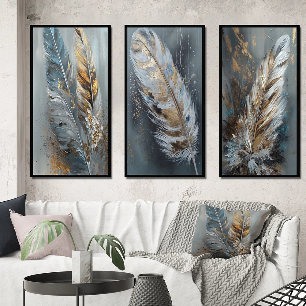 Glam Canvas Wall Art Set - Gold Feather Wanderlust - 3 Pieces