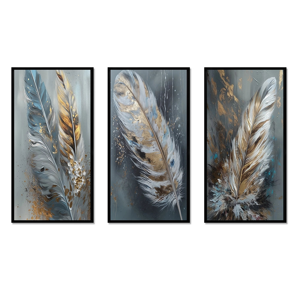 Glam Canvas Wall Art Set - Gold Feather Wanderlust - 3 Pieces