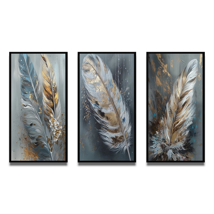 Glam Canvas Wall Art Set - Gold Feather Wanderlust - 3 Pieces