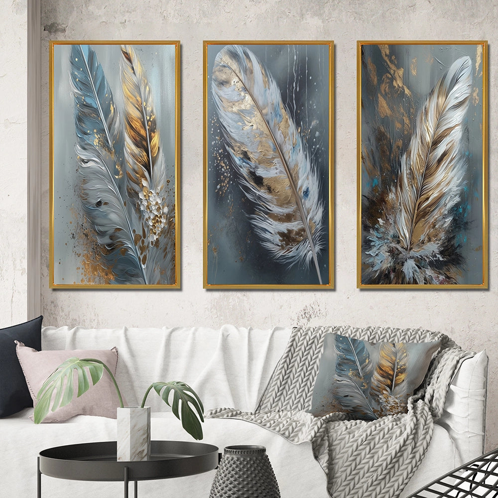 Glam Canvas Wall Art Set - Gold Feather Wanderlust - 3 Pieces