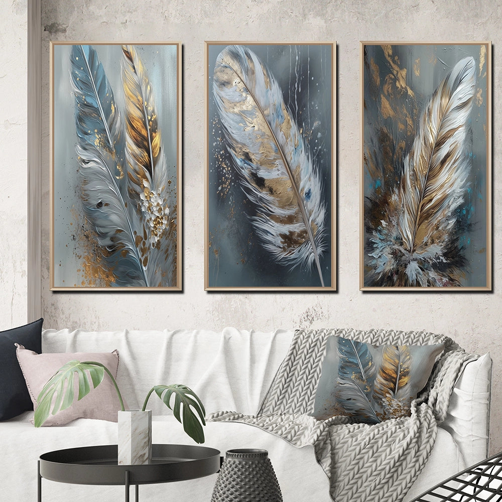 Glam Canvas Wall Art Set - Gold Feather Wanderlust - 3 Pieces