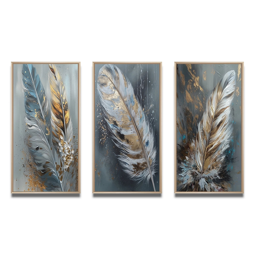 Glam Canvas Wall Art Set - Gold Feather Wanderlust - 3 Pieces