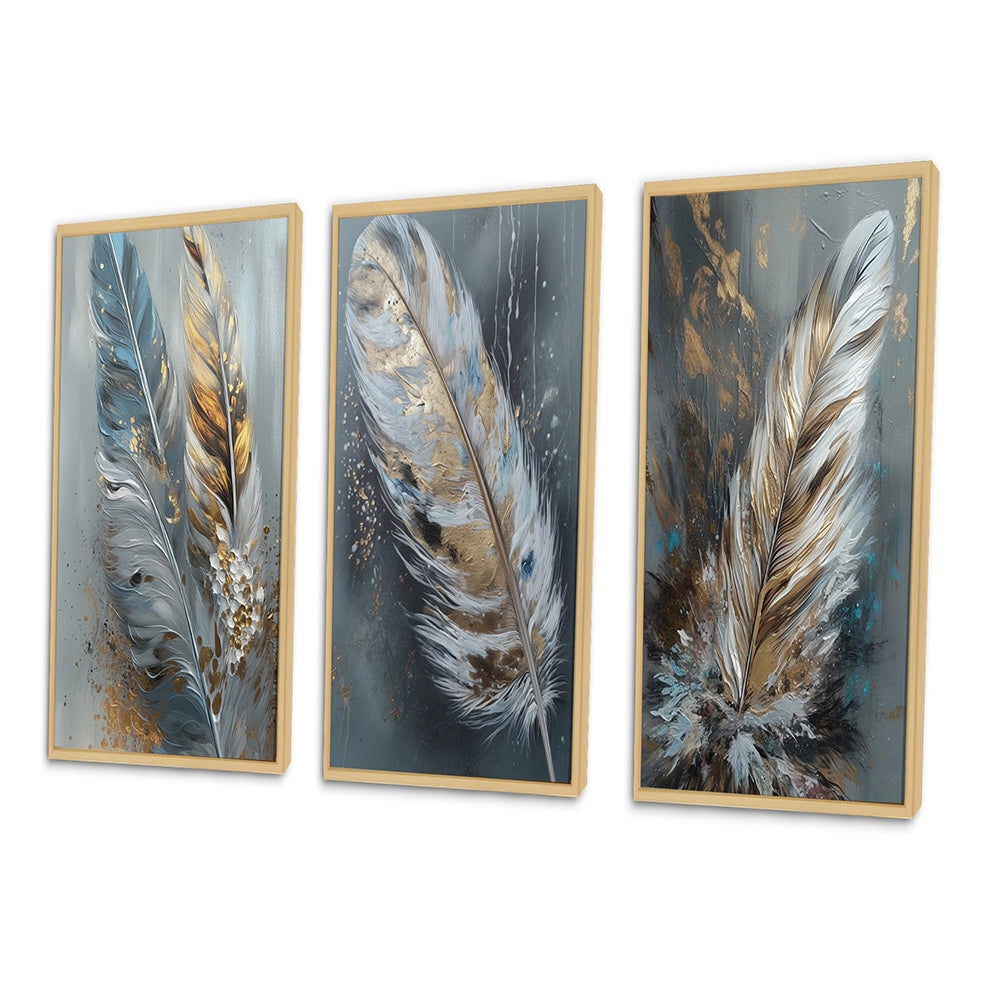 Glam Canvas Wall Art Set - Gold Feather Wanderlust - 3 Pieces