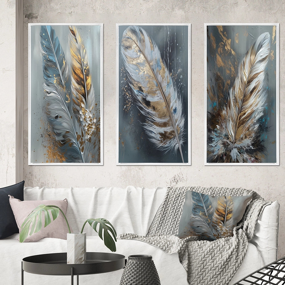 Glam Canvas Wall Art Set - Gold Feather Wanderlust - 3 Pieces