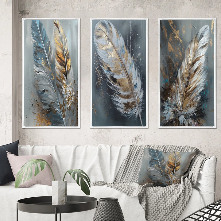 Glam Canvas Wall Art Set - Gold Feather Wanderlust - 3 Pieces