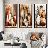 Boho Pottery Canvas Wall Art - Brown And Cream Earthen Elegant Vase - 3 Pieces