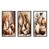 Boho Pottery Canvas Wall Art - Brown And Cream Earthen Elegant Vase - 3 Pieces