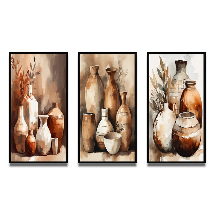 Boho Pottery Canvas Wall Art - Brown And Cream Earthen Elegant Vase - 3 Pieces