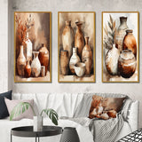 Boho Pottery Canvas Wall Art - Brown And Cream Earthen Elegant Vase - 3 Pieces