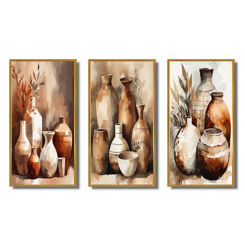 Boho Pottery Canvas Wall Art - Brown And Cream Earthen Elegant Vase - 3 Pieces