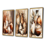 Boho Pottery Canvas Wall Art - Brown And Cream Earthen Elegant Vase - 3 Pieces
