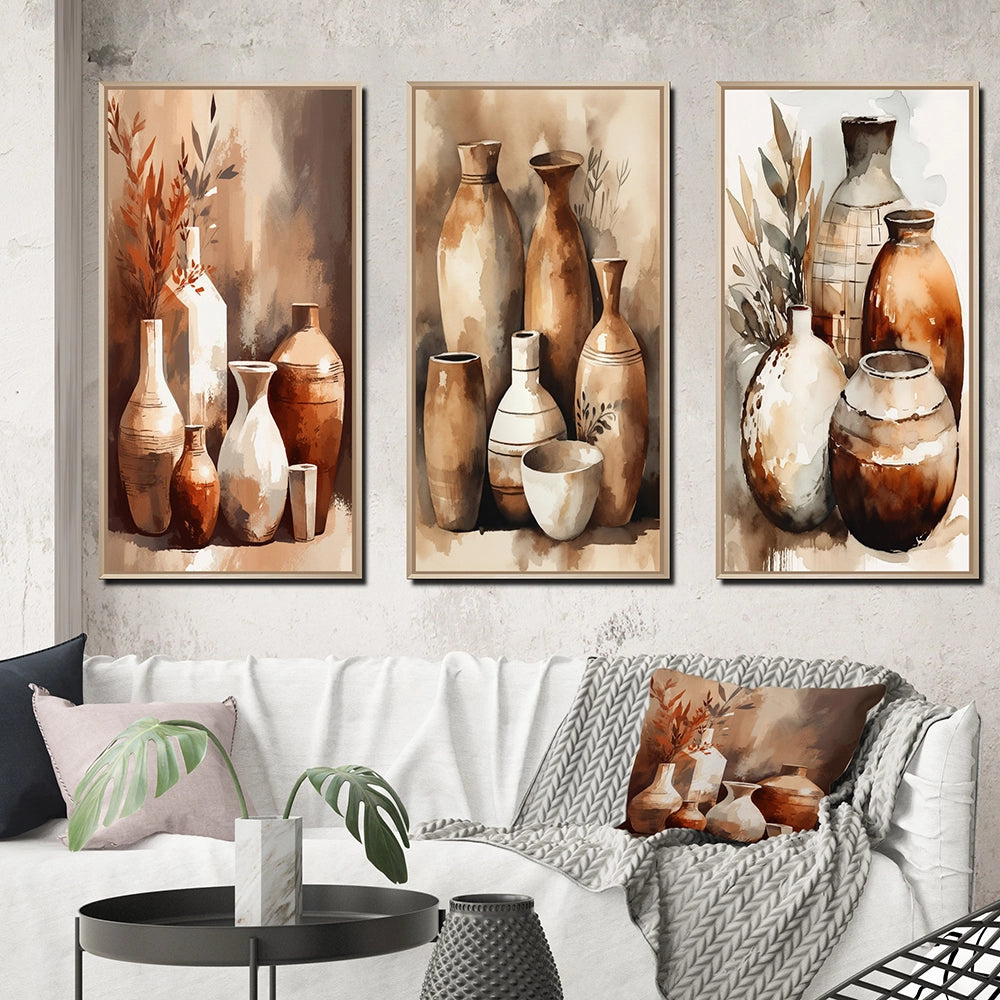 Boho Pottery Canvas Wall Art - Brown And Cream Earthen Elegant Vase - 3 Pieces