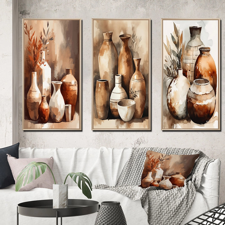 Boho Pottery Canvas Wall Art - Brown And Cream Earthen Elegant Vase - 3 Pieces