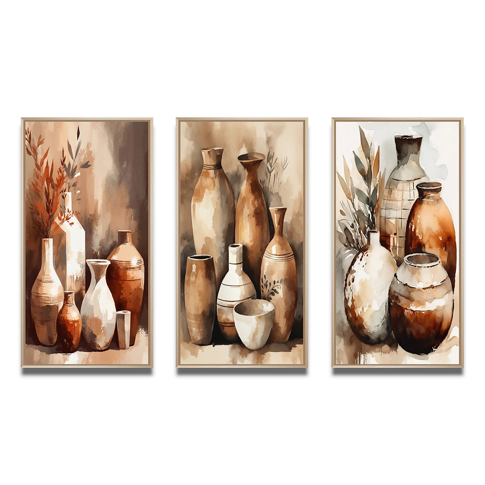 Boho Pottery Canvas Wall Art - Brown And Cream Earthen Elegant Vase - 3 Pieces