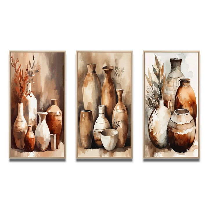 Boho Pottery Canvas Wall Art - Brown And Cream Earthen Elegant Vase - 3 Pieces